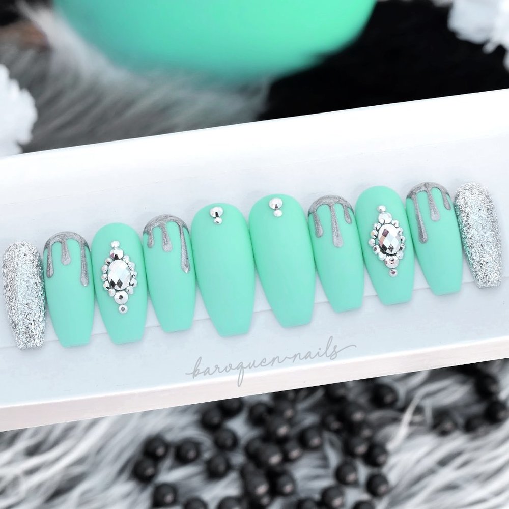Custom Chrome Press On Nails Turquoise Luxury Nail Art